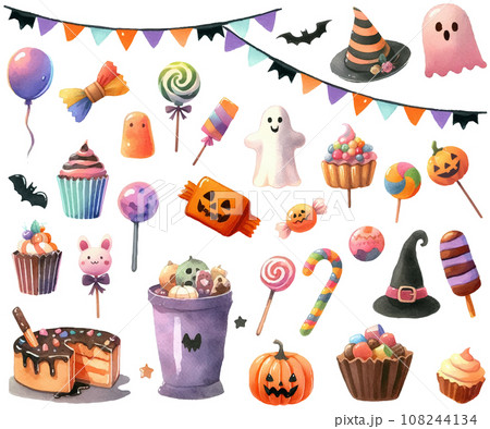 ハロウィンモチーフのセット、トリックオアトリート！お菓子セットの水彩イラスト 108244134