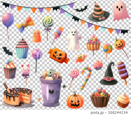 ハロウィンモチーフのセット、トリックオアトリート！お菓子セットの水彩イラスト 108244134