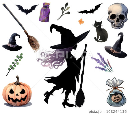 ハロウィンモチーフのセット、魔女と黒猫、魔法グッズの水彩イラスト ハロウィンモチーフのセット、魔女と黒猫、魔法グッズの水彩イラスト 108244136