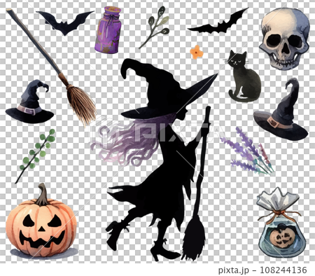 ハロウィンモチーフのセット、魔女と黒猫、魔法グッズの水彩イラスト ハロウィンモチーフのセット、魔女と黒猫、魔法グッズの水彩イラスト 108244136