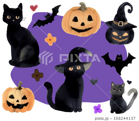 ハロウィンモチーフのセット、黒猫とカボチャのランタン水彩イラストの