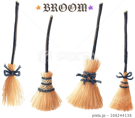 魔法使いの箒セット、ヴィンテージな木製の箒の水彩イラスト 108244138