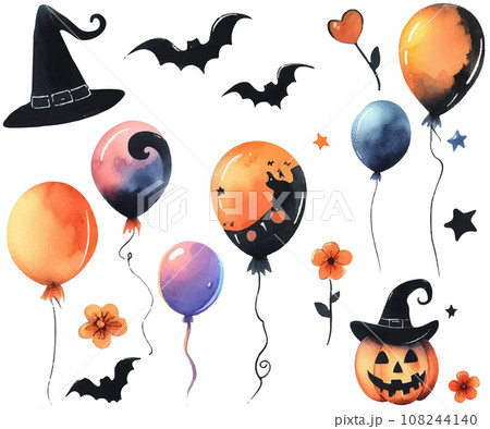 ハロウィンモチーフのセット、飾りの風船の水彩イラスト ハロウィンモチーフのセット、飾りの風船の水彩イラスト 108244140