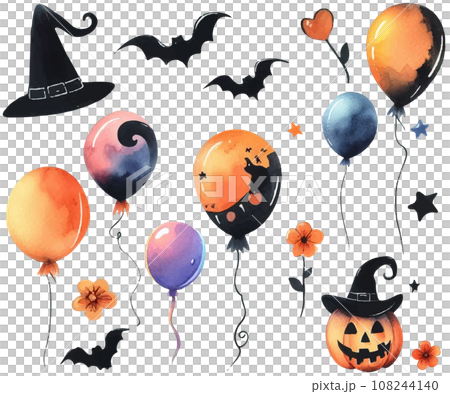 ハロウィンモチーフのセット、飾りの風船の水彩イラスト ハロウィンモチーフのセット、飾りの風船の水彩イラスト 108244140