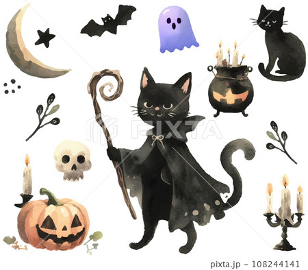 ハロウィンモチーフのセット、黒猫の魔法使い水彩イラスト 108244141