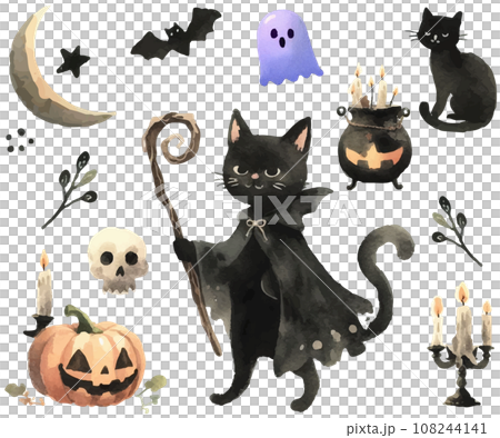 ハロウィンモチーフのセット、黒猫の魔法使い水彩イラスト 108244141
