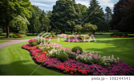 Peaceful Garden, An example of landscape design with lawn and bushes of different colors 108244341