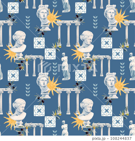 Beautiful seamless pattern with antique statue head bust of the Greek goddess Aphrodite and olives sun columns . Stock clipart watercolor hand drawn illustration. 108244837