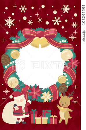 クリスマスリースのイラストフレーム赤背景_縦1 108245391