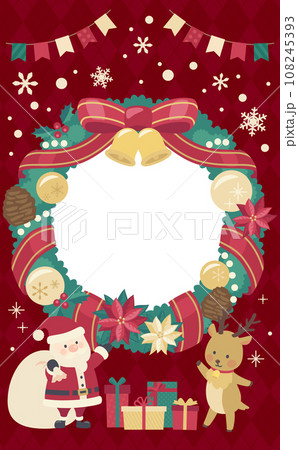 クリスマスリースのイラストフレーム赤背景_縦4 クリスマスリースのイラストフレーム赤背景_縦4 108245393