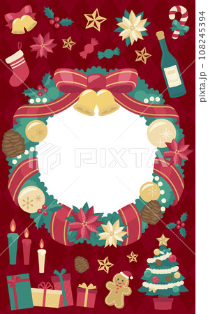 クリスマスリースのイラストフレーム赤背景_縦5 108245394