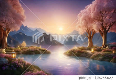 夕日と桜の景色 夕日と桜の景色 108245627