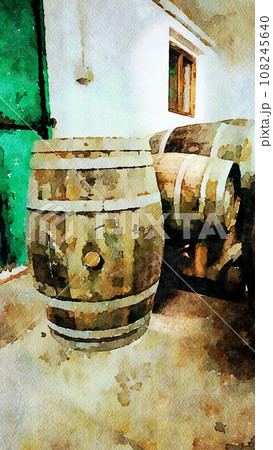 Wooden barrels inside a cellar for aging red wine. 108245640