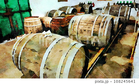 Wooden barrels inside a cellar for aging red wine. 108245641