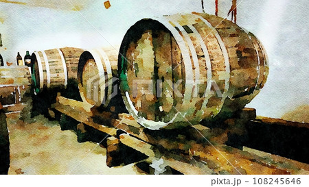 Wooden barrels inside a cellar for aging red wine. 108245646