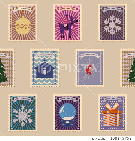 Postal stamp seamless pattern Christmas old postage stamps 108245758