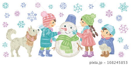冬　雪だるまを作る子どもたちと雪の結晶のイラスト 108245853