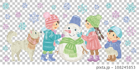 冬　雪だるまを作る子どもたちと雪の結晶のイラスト 108245853