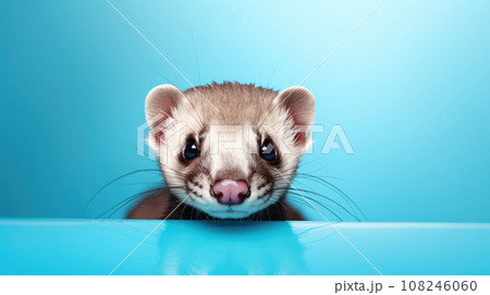 Advertising portrait, banner, brown gray ferret, looks out, isolated on blue background 108246060