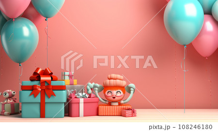 Balloon and giftbox on pastel background with copyspace for your design. Happy Birthday concept. Generative AI 108246180