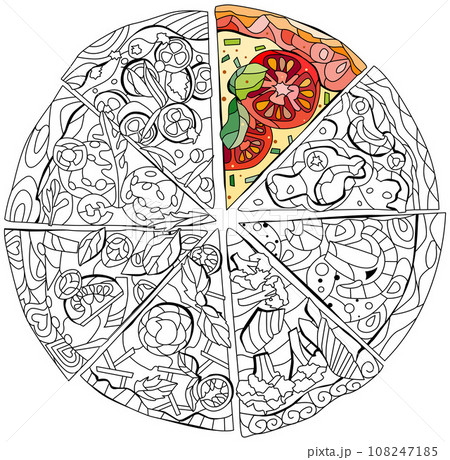 Set of slices of pizza, decorative zentangle vector illustration for coloring. Color and outline set Set of slices of pizza, decorative zentangle vector illustration for coloring. Color and outline set 108247185
