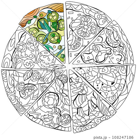 Set of slices of pizza, decorative zentangle vector illustration for coloring. Color and outline set Set of slices of pizza, decorative zentangle vector illustration for coloring. Color and outline set 108247186