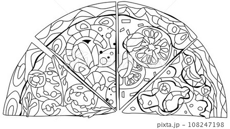 Set of slices of pizza, decorative zentangle vector illustration for coloring Set of slices of pizza, decorative zentangle vector illustration for coloring 108247198