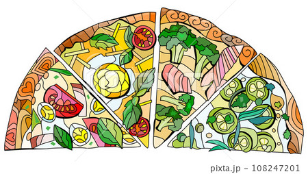 Set of slices of pizza, decorative zentangle vector illustration 108247201