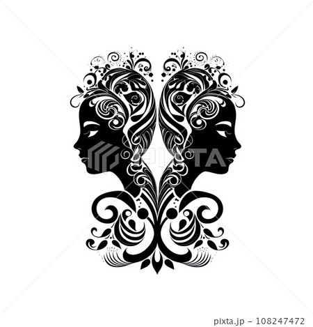 Gemini Icon, Woman Zodiac Symbol, Ornate Gemini Silhouette, Horoscope Pictogram 108247472