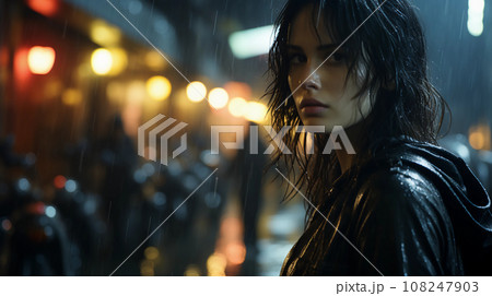 雨の中、町の道端で不安な表情で振り向く黒髪・黒服の美女 Generative AI. 雨の中、町の道端で不安な表情で振り向く黒髪・黒服の美女 Generative AI. 108247903