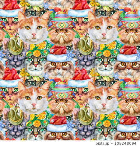 Seamless pattern of cats with various accessories. Watercolor hand drawn illustration 108248094
