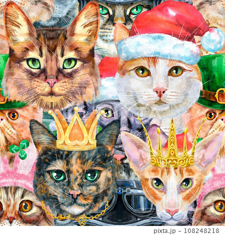 Seamless pattern of cats with various accessories. Watercolor hand drawn illustration 108248218