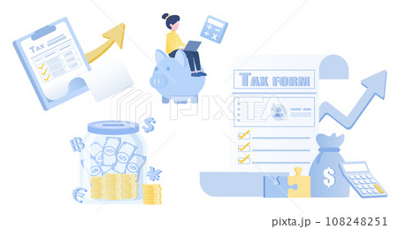 Payment and tax collection set. Tax form, filling form and apply submit annual process. Financial management, financial accounting, tax document, saving money. Flat vector design illustration. Payment and tax collection set. Tax form, filling form and apply submit annual process. Financial management, financial accounting, tax document, saving money. Flat vector design illustration. 108248251