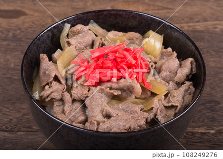 紅生姜を乗せた牛丼のアップ 108249276