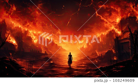 Hell concept, a place regarded in various religions as spiritual realm of evil and suffering, often traditionally depicted as a place of perpetual fire beneath the earth where the wicked 108249609