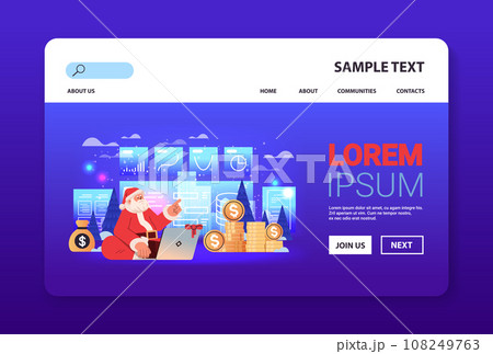 santa claus in red costume analyzing financial data on charts and graphs planning report market analysis accounting happy new year merry christmas 108249763