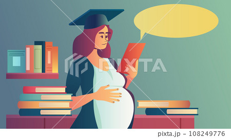 pregnant woman student in graduated cap using smartphone with chat bubble motherhood pregnancy concept horizontal 108249776