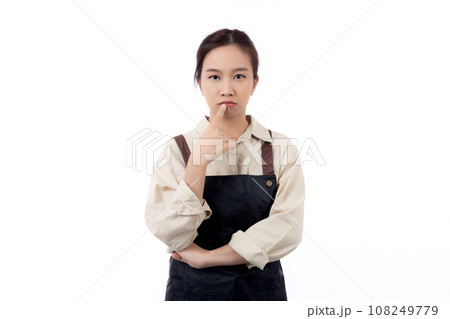 Portrait of young asian barista woman wearing apron gesture doubt and thinking idea isolated. Portrait of young asian barista woman wearing apron gesture doubt and thinking idea isolated. 108249779