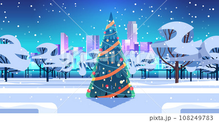 city park with decorated christmas tree and snowflakes in night sky happy new year winter holidays celebration concept 108249783