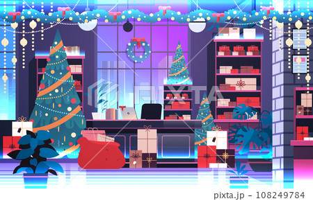christmas tree and gifts in decorated cabinet new year holiday celebration concept office interior horizontal christmas tree and gifts in decorated cabinet new year holiday celebration concept office interior horizontal 108249784