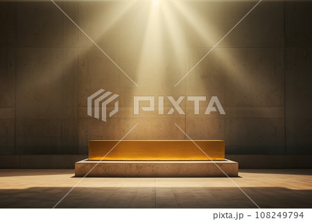 Marble podium in rays of sunlight against a background of a gray marble wall 108249794