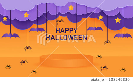 Happy Halloween banner or party invitation background with clouds,bats and spiders in paper cut style. Orange 3d podium for halloween. Vector illustration. Happy Halloween banner or party invitation background with clouds,bats and spiders in paper cut style. Orange 3d podium for halloween. Vector illustration. 108249830