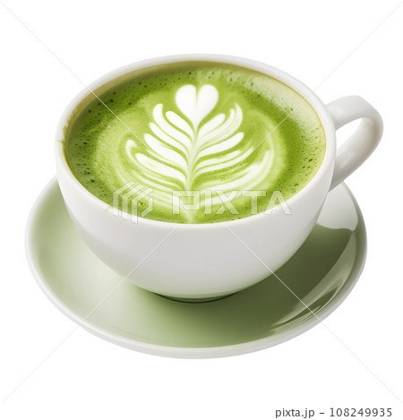 Hot matcha green tea latte art foam isolated on transparent background. AI Generated 108249935
