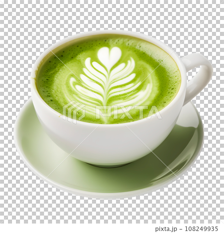 Hot matcha green tea latte art foam isolated on transparent background. AI Generated 108249935