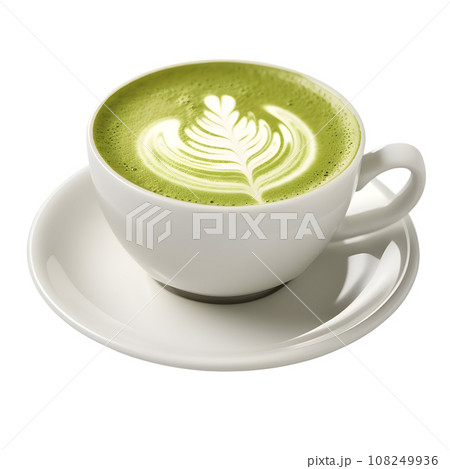 Hot matcha green tea latte art foam isolated on transparent background. AI Generated 108249936