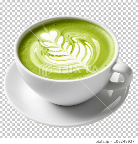 Hot matcha green tea latte art foam isolated on transparent background. AI Generated 108249937