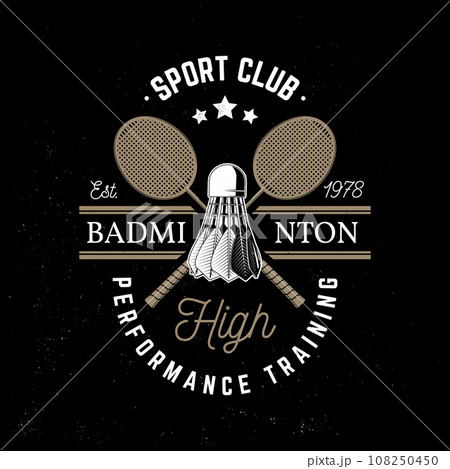Badminton sport badge, patch, emblem, logo. Vector illustration. Vintage badminton label with racket and shuttlecock silhouettes. Concept for shirt or logo, print, stamp or tee. 108250450