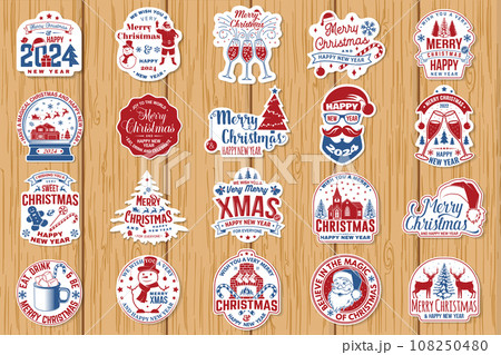 Set of Merry Christmas and 2024 Happy New Year stamp, sticker Set quotes with snowflakes, snowman, santa claus, candy, sweet candy, cookies. Vector Vintage typography design for xmas, new year emblem Set of Merry Christmas and 2024 Happy New Year stamp, sticker Set quotes with snowflakes, snowman, santa claus, candy, sweet candy, cookies. Vector Vintage typography design for xmas, new year emblem 108250480