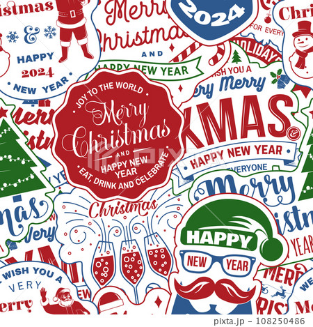 Merry Christmas and Happy New Year 2024 seamless pattern with snowflakes, hanging Christmas ball, Santa Claus, snowman, candy. Vector illustration. Christmas background with new year sticker Merry Christmas and Happy New Year 2024 seamless pattern with snowflakes, hanging Christmas ball, Santa Claus, snowman, candy. Vector illustration. Christmas background with new year sticker 108250486