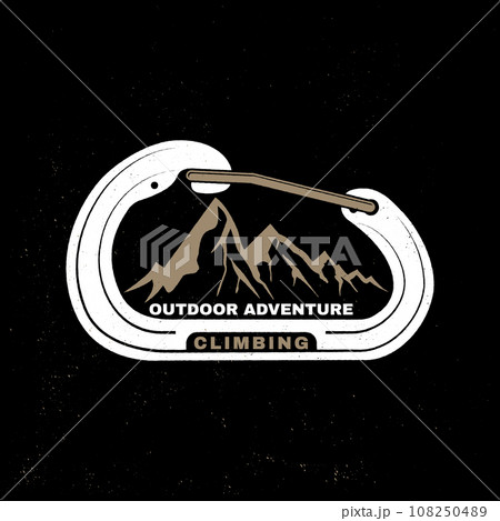 Climbing badge, logo design. Vector. Concept for shirt or logo, print, stamp or tee. Vintage typography design with mountain and old metal climbing ice-axe silhouette. Outdoors adventure 108250489